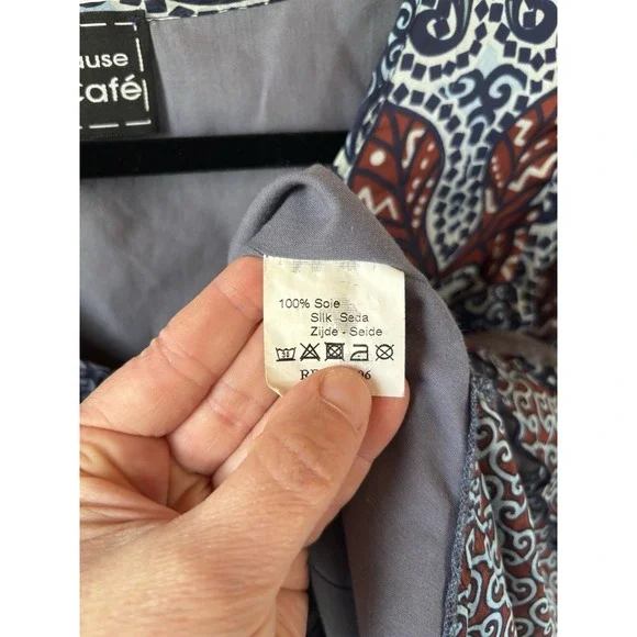 Pause Cafe V Neck 3/4 SLV Silk Blouse Floral Paisley Blue Brown Women's Small? - Picture 4 of 5